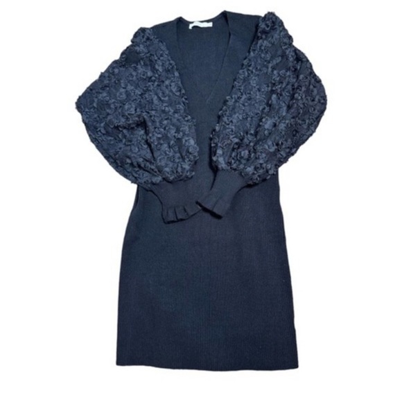 Lush Ribbed Faux Wrap Sweater Dress With Balloon Applique Sleeves in Black - Picture 7 of 8